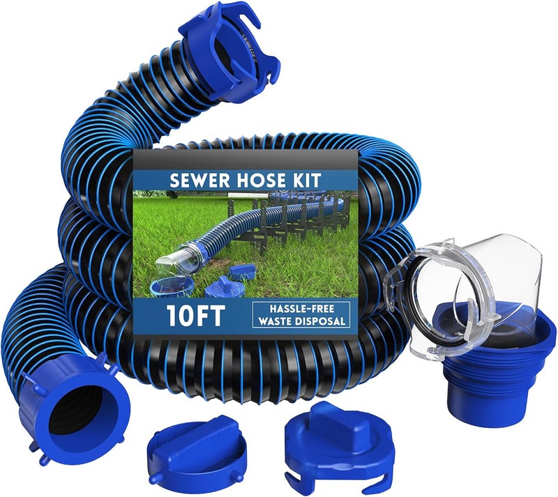 DUMPMAN RV Sewer Hose 10 Ft, Sewer Hose for RV Camper RV, Sewer Hose Kit with Swivel Fitting - Includes 90 Degree Clear View Sewer Adapter, and 2 Storage Caps - Image 1